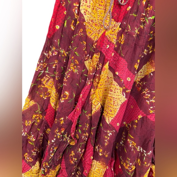 Vintage 90s Boho Red Yellow Patchwork Rayon Midi Maxi Skirt Hippie Festival - Picture 3 of 5